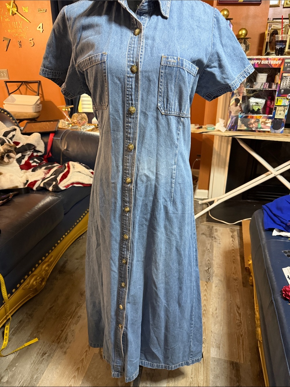 Vintage Classic Blue Denim Button-Front Maxi Dress